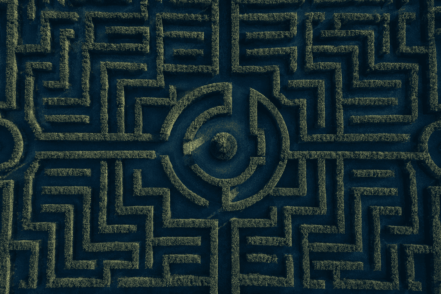 Aerial view of a hedge maze representing strategic navigation through complexity