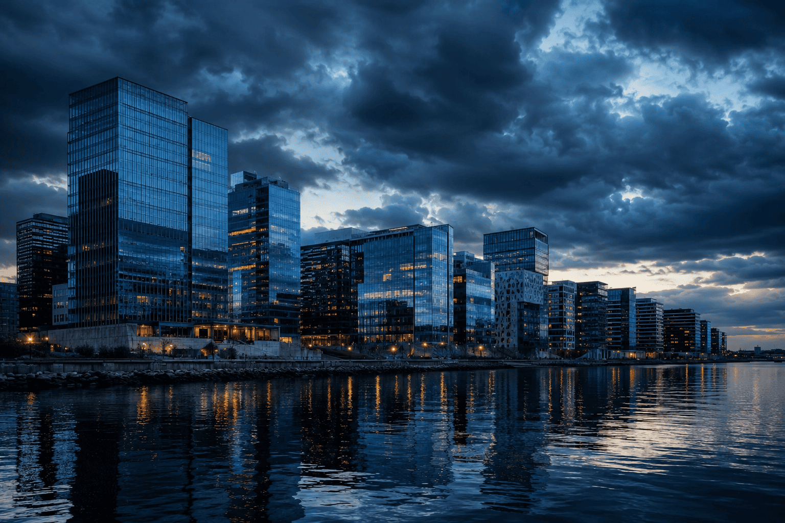 Modern city skyline at dusk reflecting on water